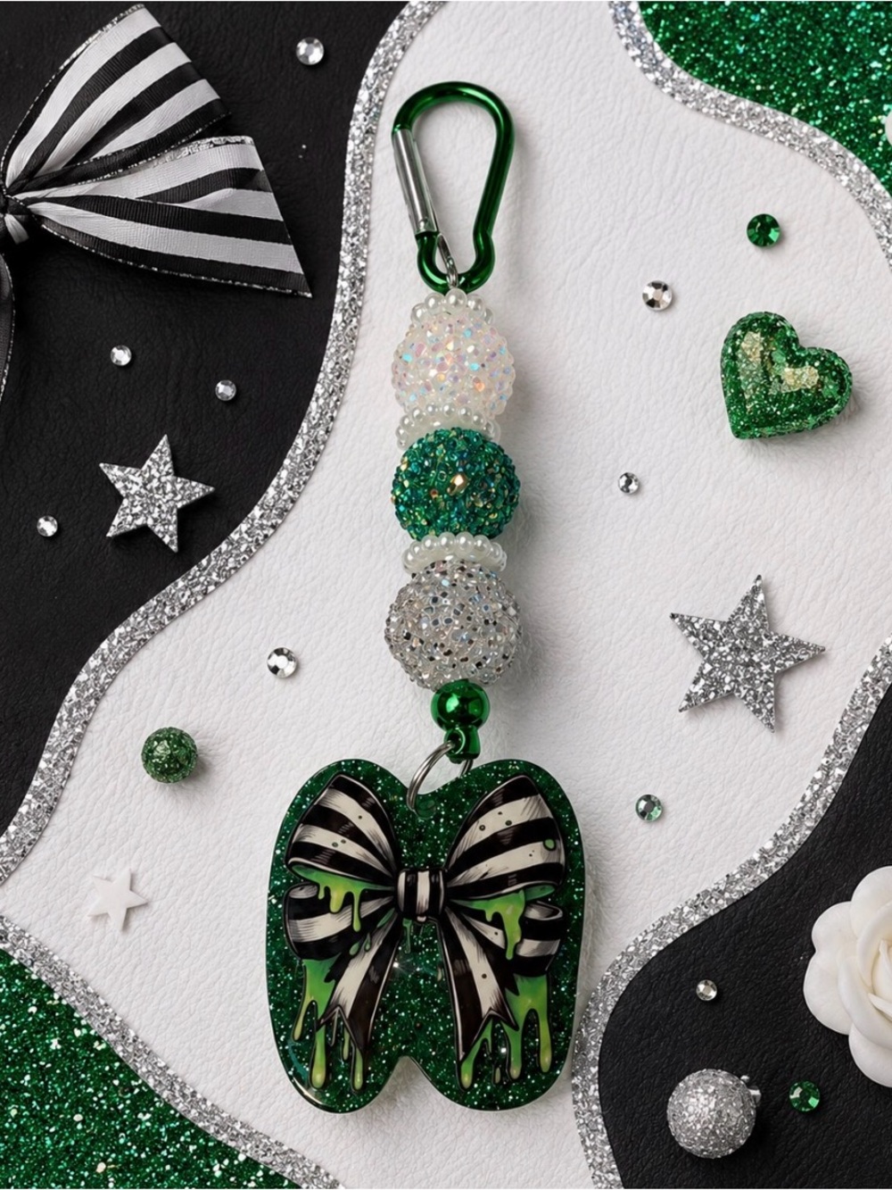Green Glitter Bow Charm Keychain Card Holder
